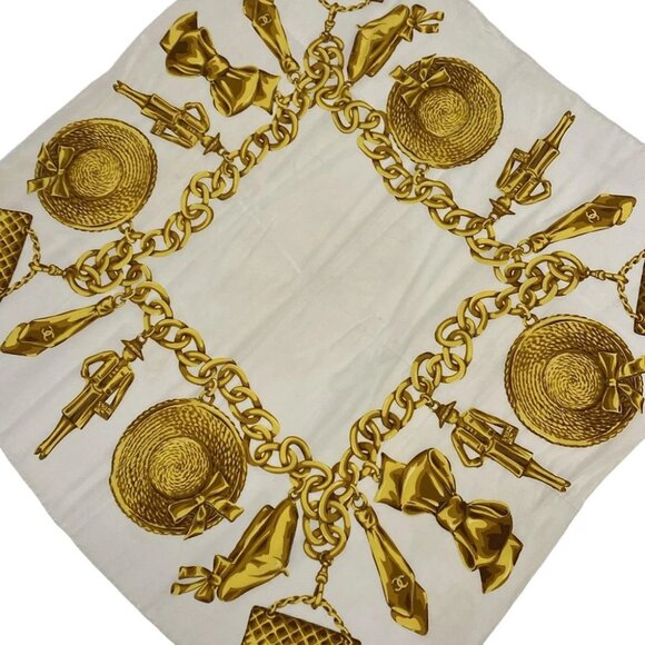 Auth CHANEL - Cream Gold Scarf - Picture 1 of 5